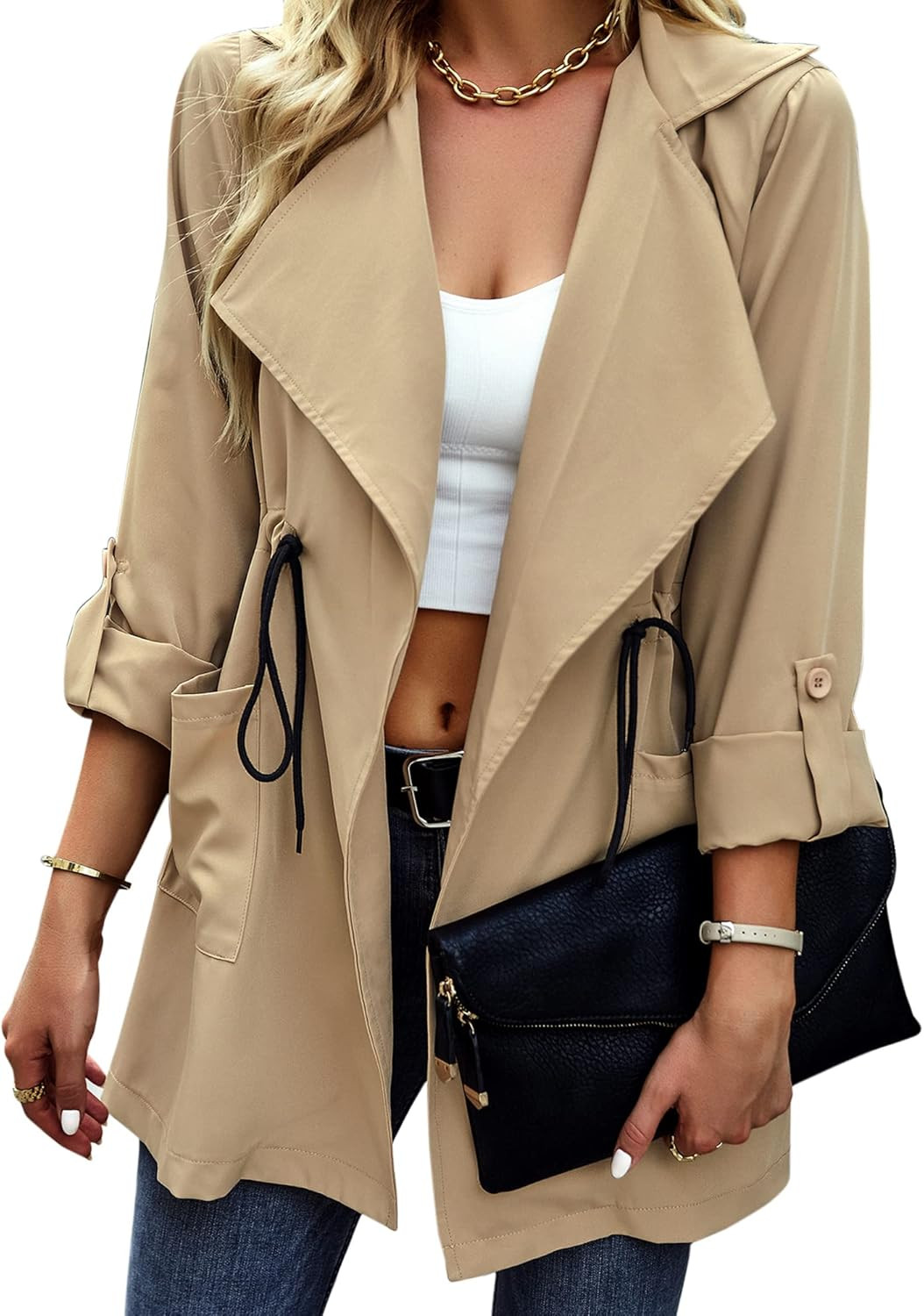 STYLEWORD Women's Trench Coats Wide Lapel Open Front Waist Drawstring Lightweight Casual Jacket w... | Amazon (US)