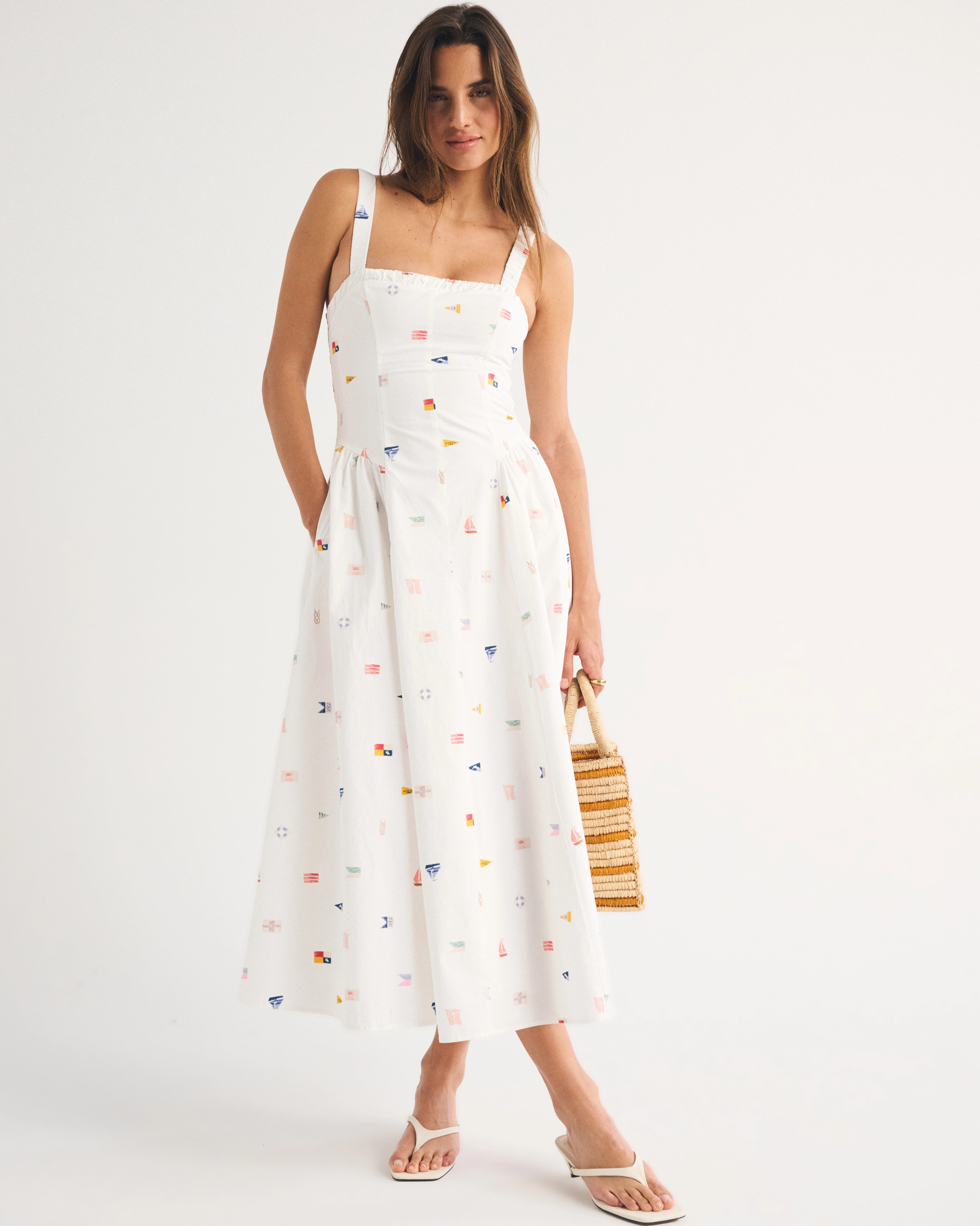 100% Cotton Ruched Neckline Dipped Waist Midi Dress | Abercrombie & Fitch (US)