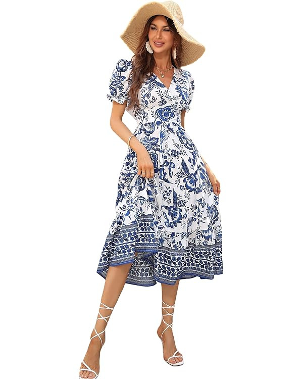 SHENHE Women's Summer Floral Wrap V Neck Puff Sleeve Ruffle Hem A Line Midi Dresses | Amazon (US)
