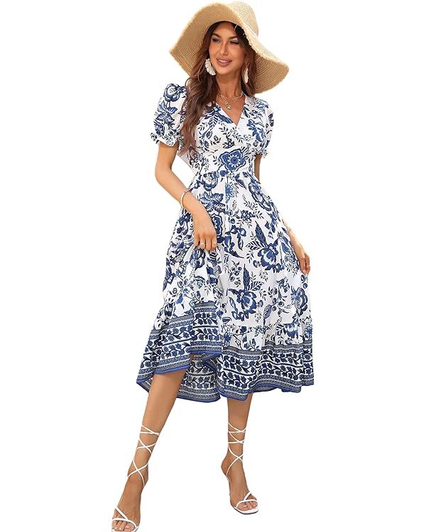 SHENHE Women's Summer Floral Wrap V Neck Puff Sleeve Ruffle Hem A Line Midi Dresses | Amazon (US)