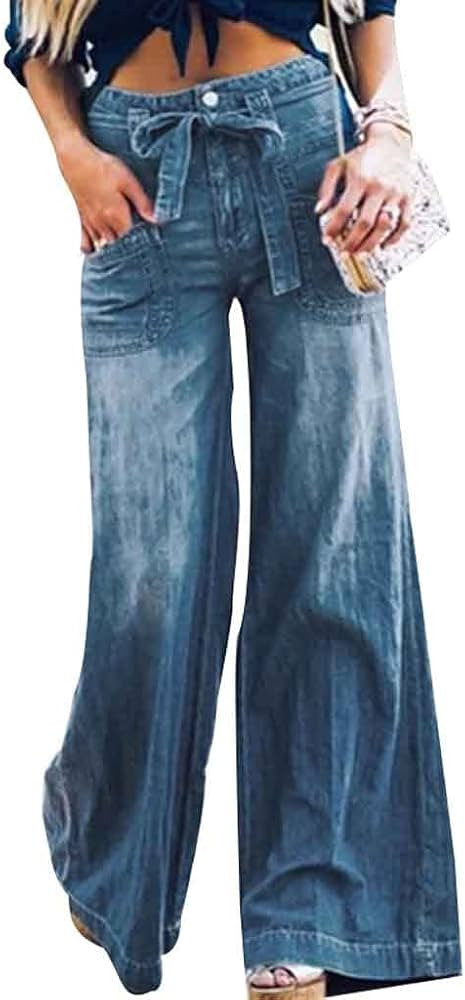 YCZDG High Waist Slim Jeans Summer Fashion Elegant Flared Pants Street Wide Leg Pants Wash Sexy W... | Amazon (US)