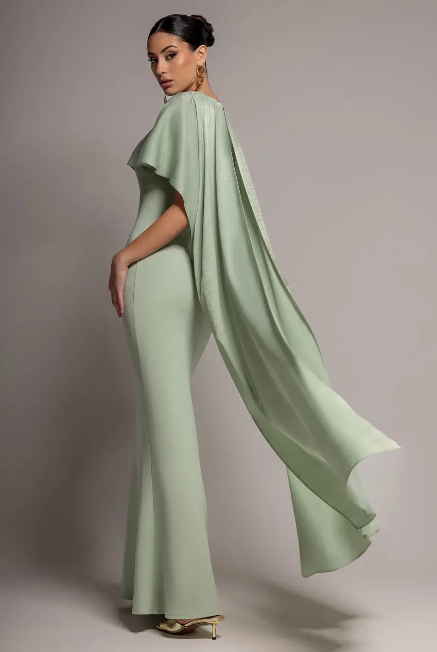 Pale Green Goddiva Scoop Neck Velvet Satin Cape Sleeve Maxi Dress | Boohoo | Boohoo.com (UK & IE)