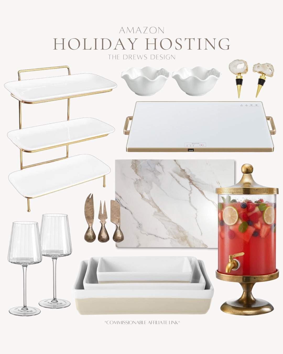 Holiday hosting includes wine bottle stoppers, dip bowls, tray warmer, 3 tier serving tray, drink dispenser, marble cheese tray, cheese knives, wine glasses, and ceramic baking dishes.

Neutral hosting, holiday hosting, hosting must haves, Christmas hosting 

#LTKHoliday #LTKFindsUnder50 #LTKSeasonal