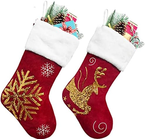Christmas Stockings, 2 Pcs 18 inches Christmas Stockings, Burlap with Large Plush Cuff Stockings,... | Amazon (US)