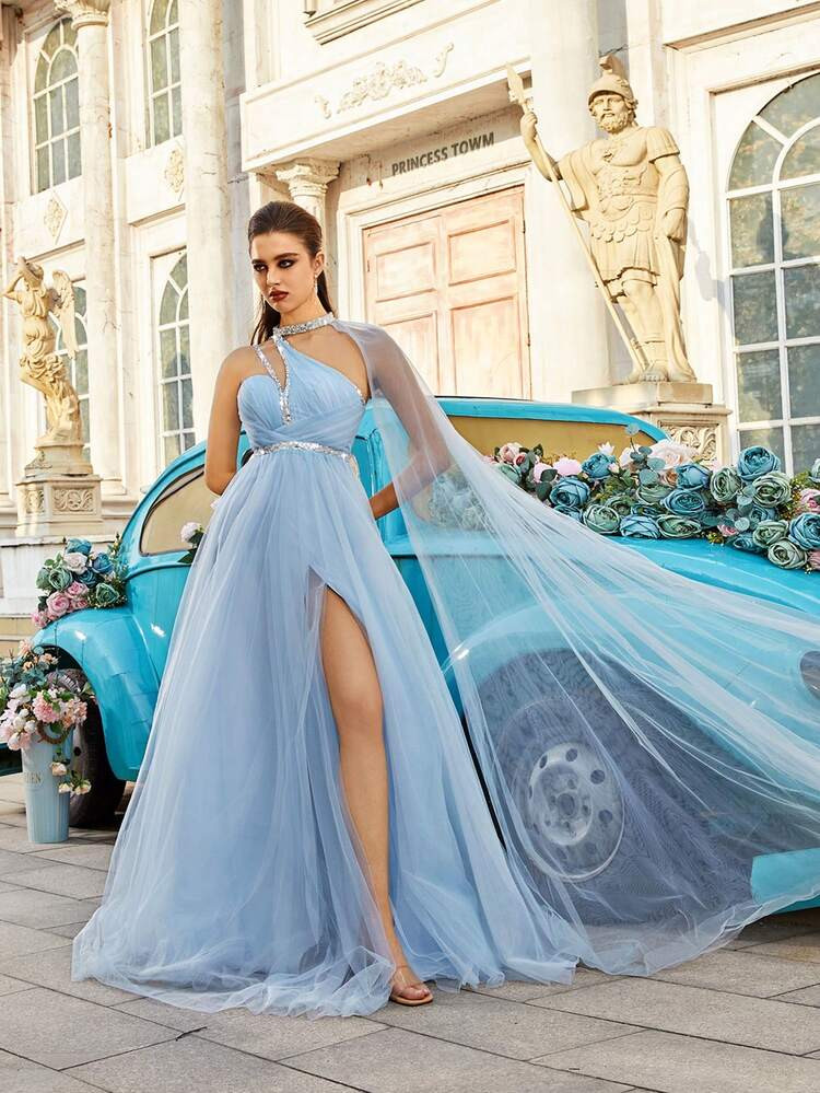 QOQ Fairy Style Dreamy Light Blue Halter Slit Gown Dresses For Evening Party, Banquet, Ceremony | SHEIN