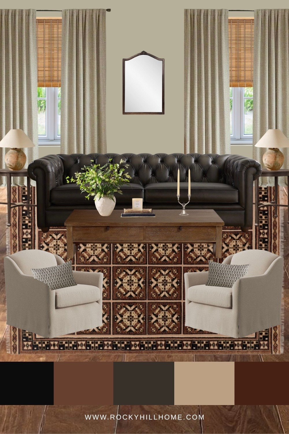 Create a space that feels both timeless and grounded. This living room design balances the rich, dark leather of a Pottery Barn Chesterfield Sofa with soft oatmeal swivel chairs and a vintage-inspired patterned rug.
By layering textures like woven wood shades, linen drapes, and rustic pottery lamps, you can achieve a "collected over time" look that stays cozy and sophisticated. Perfect for anyone loving the Dark Academica or Modern Country aesthetic à la Ralph Lauren. 

#LTKSaleAlert #LTKHome