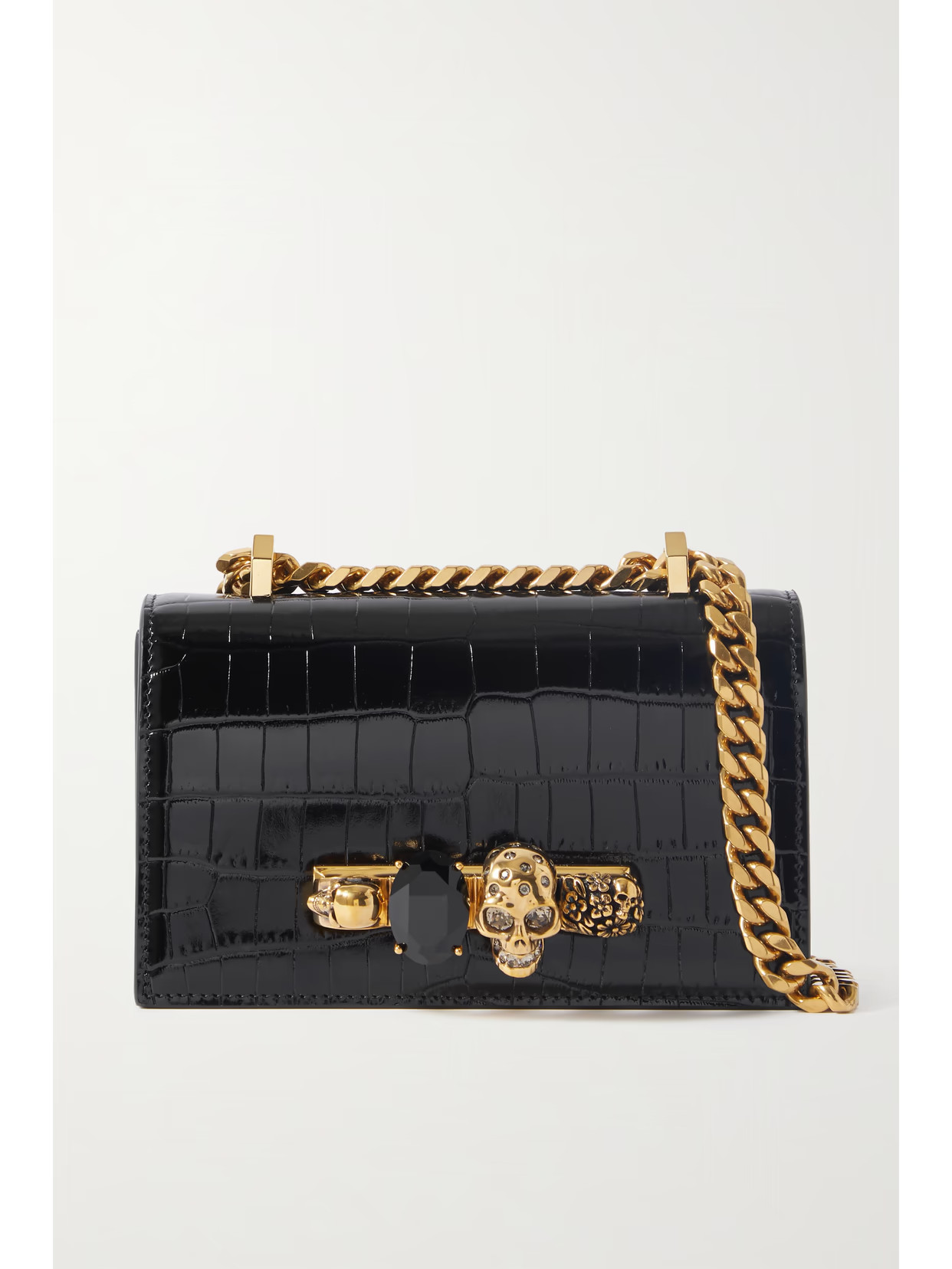 Alexander McQueen - Jewelled Satchel Mini Embellished Croc-effect Leather Shoulder Bag - Black | NET-A-PORTER (US)