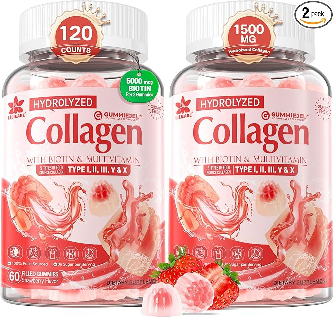 2Pack Sugar-Free Hydrolyzed Collagen Peptide Filled Gummies for Women & Men, with 1500mg Protein ... | Amazon (US)