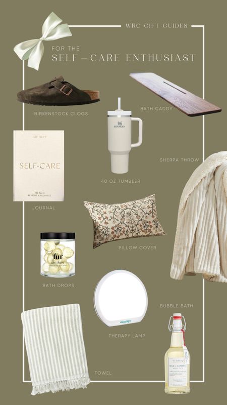 Gift guide for the self-care enthusiast on your list. Birkenstock clogs, Stanley tumbler, wooden bath caddy, self-care journal, patterned lumbar pillow, bath drops, Sherpa throw blanket, therapy lamp, towel, bubble bath, neutral towel

#LTKHolidaySale 

#LTKSeasonal #LTKGiftGuide