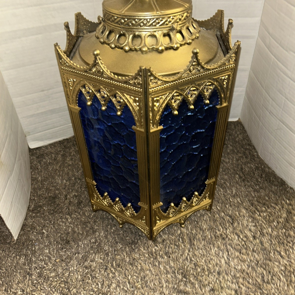 Vintage GOTHIC Regency STAINED GLASS Hanging LANTERN Light MEDIEVAL Brass MCM | eBay US