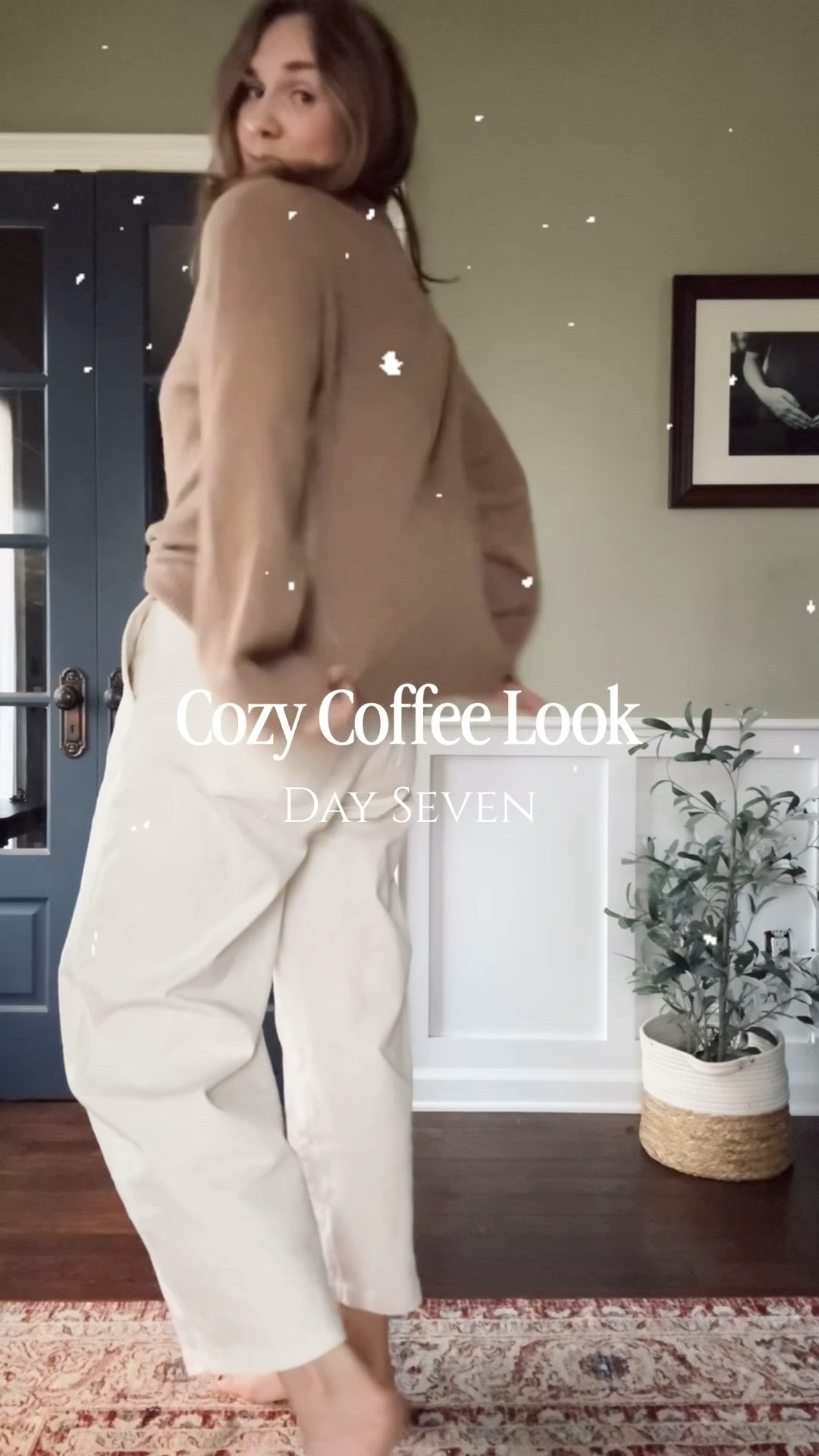 Cozy Coffee Look - Day Seven 

Tee- Old Navy - tts
Sweater - Quince - up a size
Pants- Everlane - last season but linking this seasons - tts 
Socks - polo RL 
Clogs- Birks - tts 
