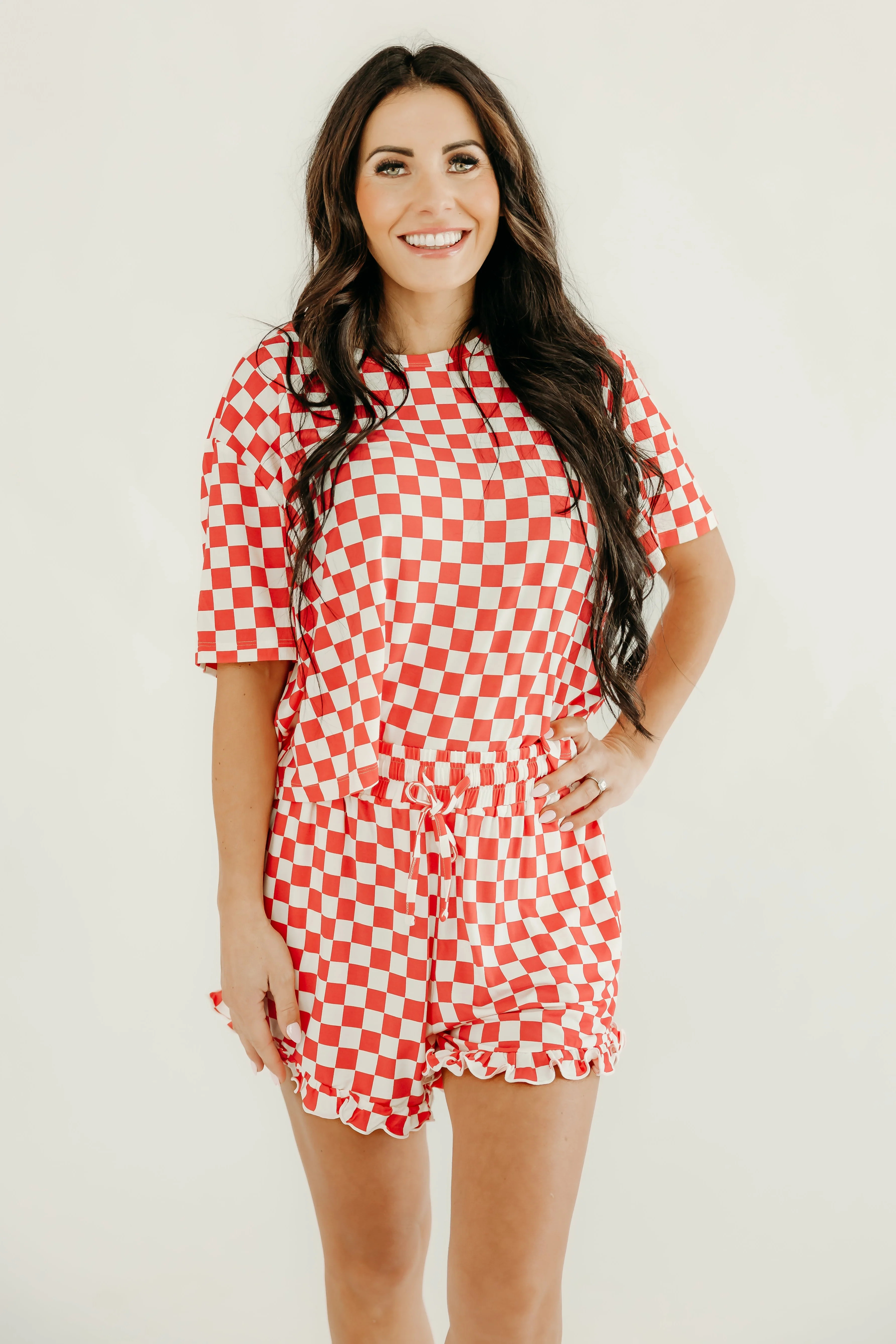 Womens Ruffle Short Set in Checkered | Silks Design
