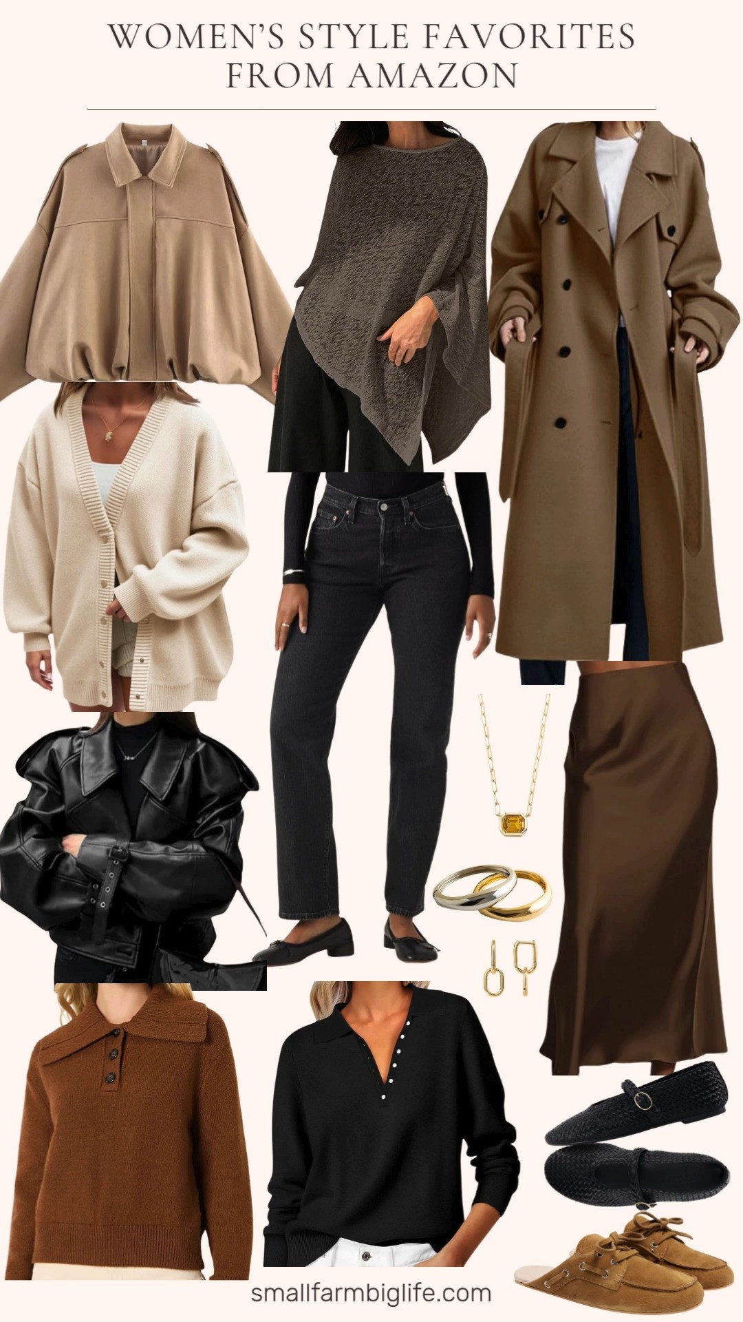 Neutral style essentials from Amazon that make every outfit feel effortlessly polished 🤎🖤 From comfy chic layers and timeless outerwear to sleek sweaters, classic denim, woven flats, suede mules, and the prettiest gold jewelry. These are the pieces you will reach for on repeat. Linking everything! ✨ 

 #LTKOver40 #LTKFindsUnder50