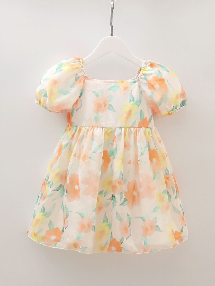 Toddler Girls Floral Print Contrast Mesh Puff Sleeve Smock Dress | SHEIN