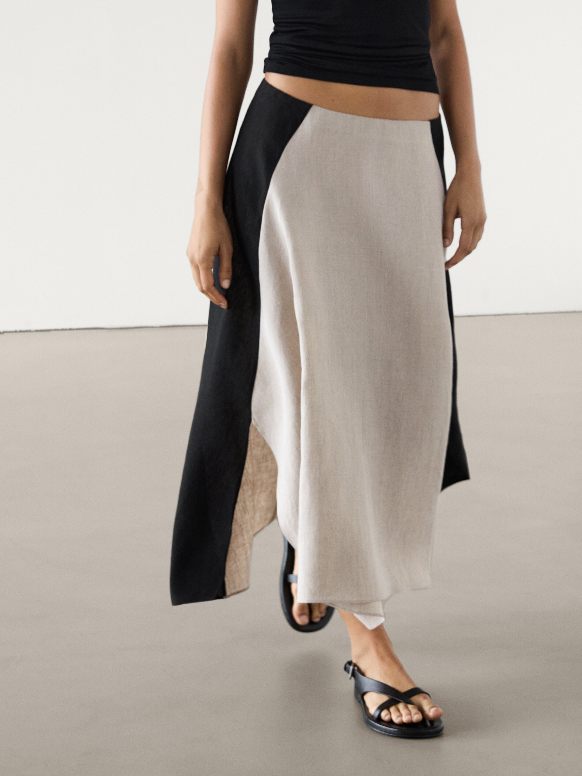 Contrast linen flared midi skirt | Massimo Dutti US