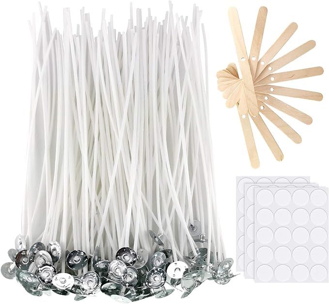Candle Wicks 100 Pcs 6 inch with 30Pcs Candle Wick Stickers and 10 Pcs Wooden Candle Wick Centeri... | Amazon (US)