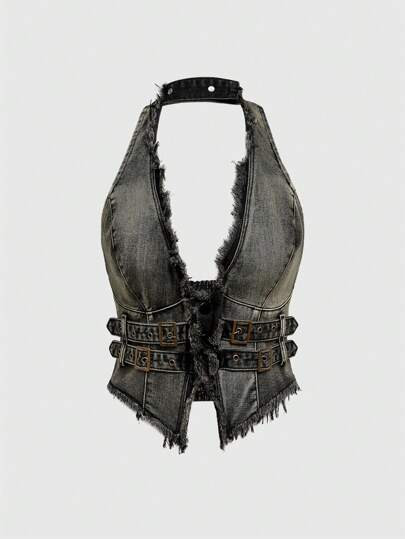 ROMWE Hippie Women's Deep V-Neck Backless Denim Top With Fringe Detail, Sleeveless | SHEIN