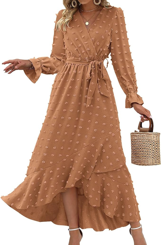 BTFBM Women's Boho Cocktail Maxi Dress 2024 Spring Summer V Neck Swiss Dot Long Sleeve Flowy Slit... | Amazon (US)