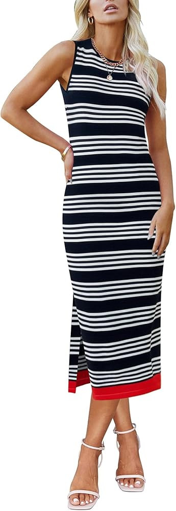 Zeagoo Womens Bodycon Midi Dresses Summer Casual Sleeveless Dress Women Knit Side Slit Striped 20... | Amazon (US)