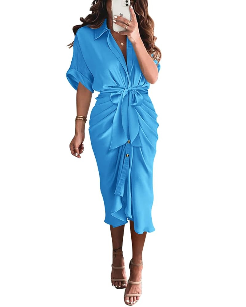 BTFBM Women Button Down Ruched Shirt Dresses Satin Short Sleeve Lapel V Neck Summer Maxi Dress 20... | Amazon (US)