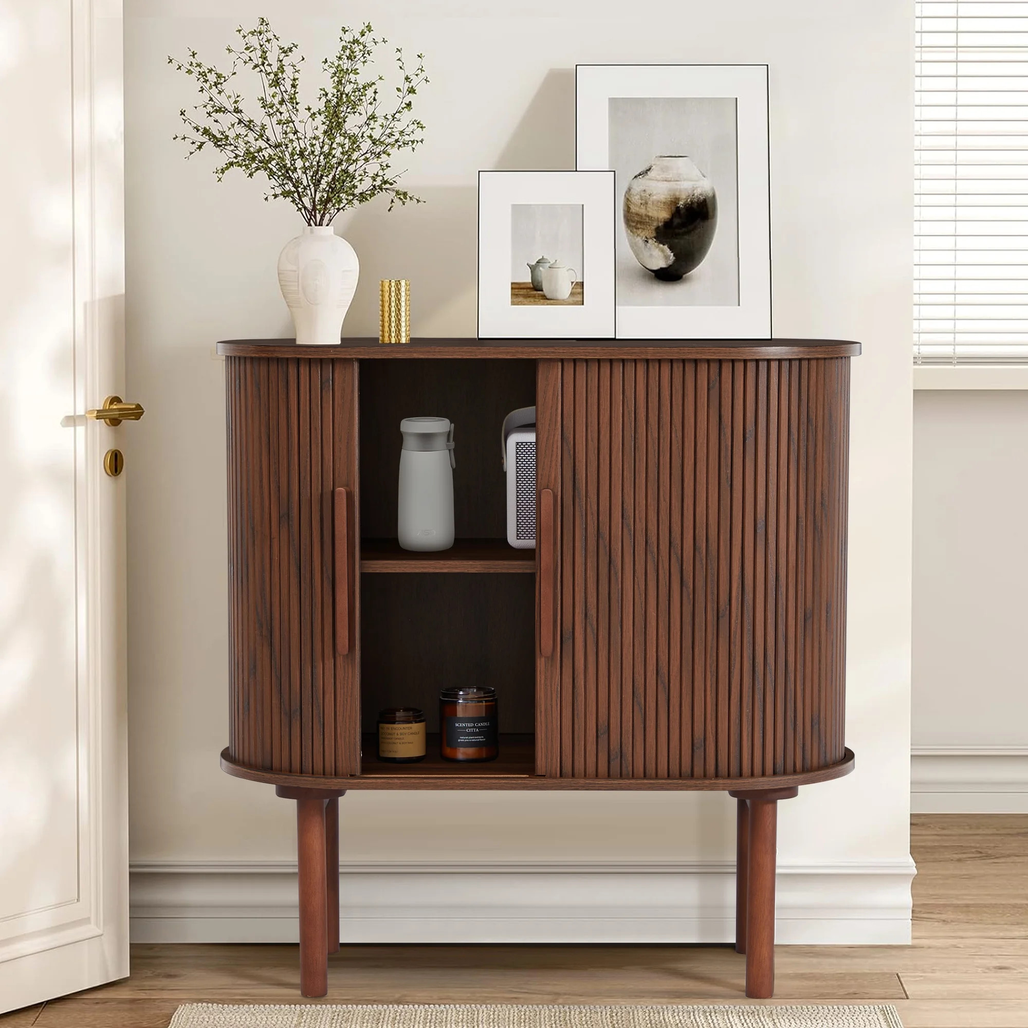 Walnut Sideboard Buffer Cabinet with Fluted Slide Doors, Arched Cabinet with Doors, Bar Cabinet C... | Walmart (US)