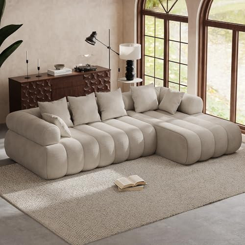 111" Modern Boneless Couch, Chenille Modular Cloud Couch for Living Room, Deep Seat Sectional Sofa with Chaise Lounge, No Assembly Required, Beige White | Amazon (US)