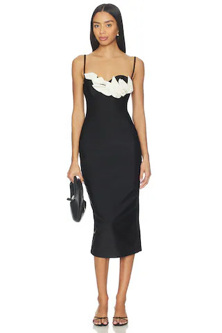 PatBO Selene Mesh Flower Applique Midi Dress in Black from Revolve.com | Revolve Clothing (Global)