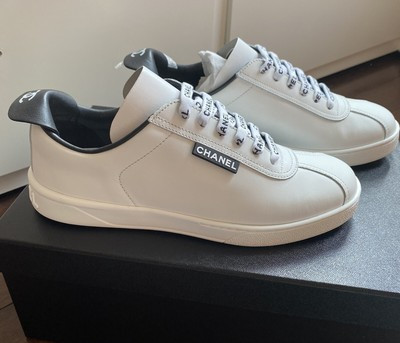 Chanel Weekend Tennis Sneakers White Black Leather Lace Up Size 37 7 | eBay US