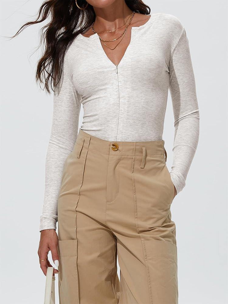 iGENJUN Women Ribbed Long Sleeve Bodysuit Invisible Zip Up Crew Neck Body Suit | Amazon (US)