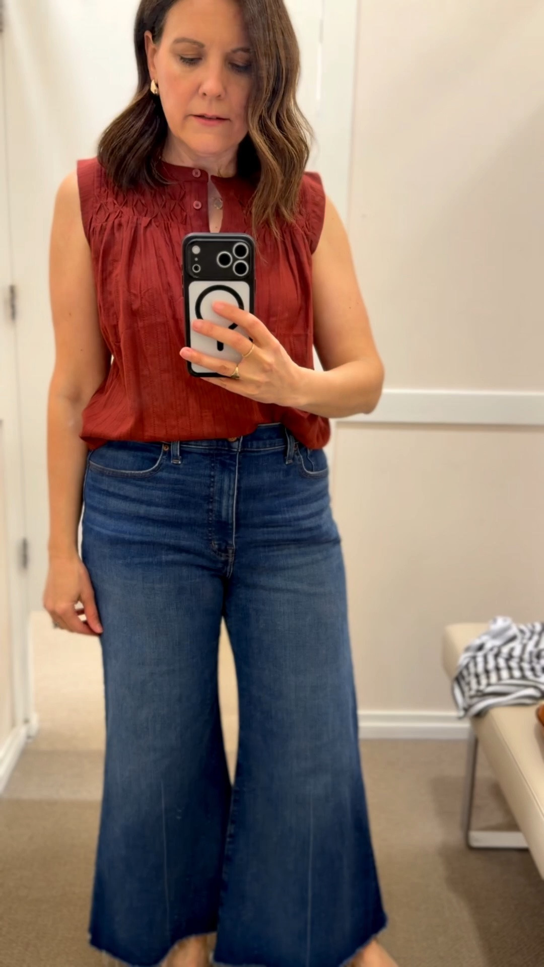 This top came home with me today, it’s so cute and the perfect brown-copper color. It runs wide, I ended up sizing down to an XS. It’s 24” long rather than the 21” that so many tops are these days. It’s on sale for $25.