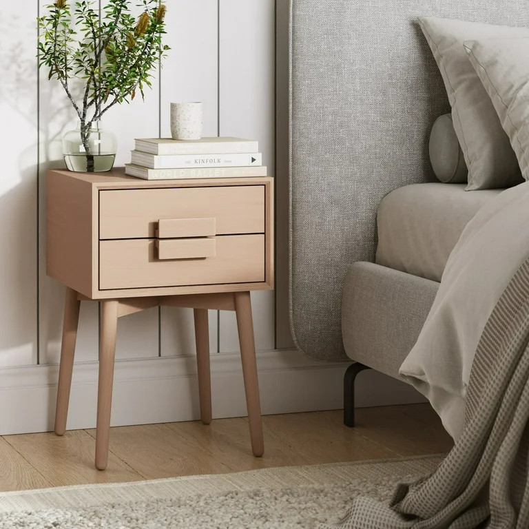 Nathan James Harper 2-Drawer Mid Century Modern Nightstand, Solid Wood Nightstand in Raw Oak | Walmart (US)