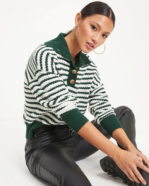 Elk Grove Knit Stripe Henley Pullover Sweater - Green | VICI