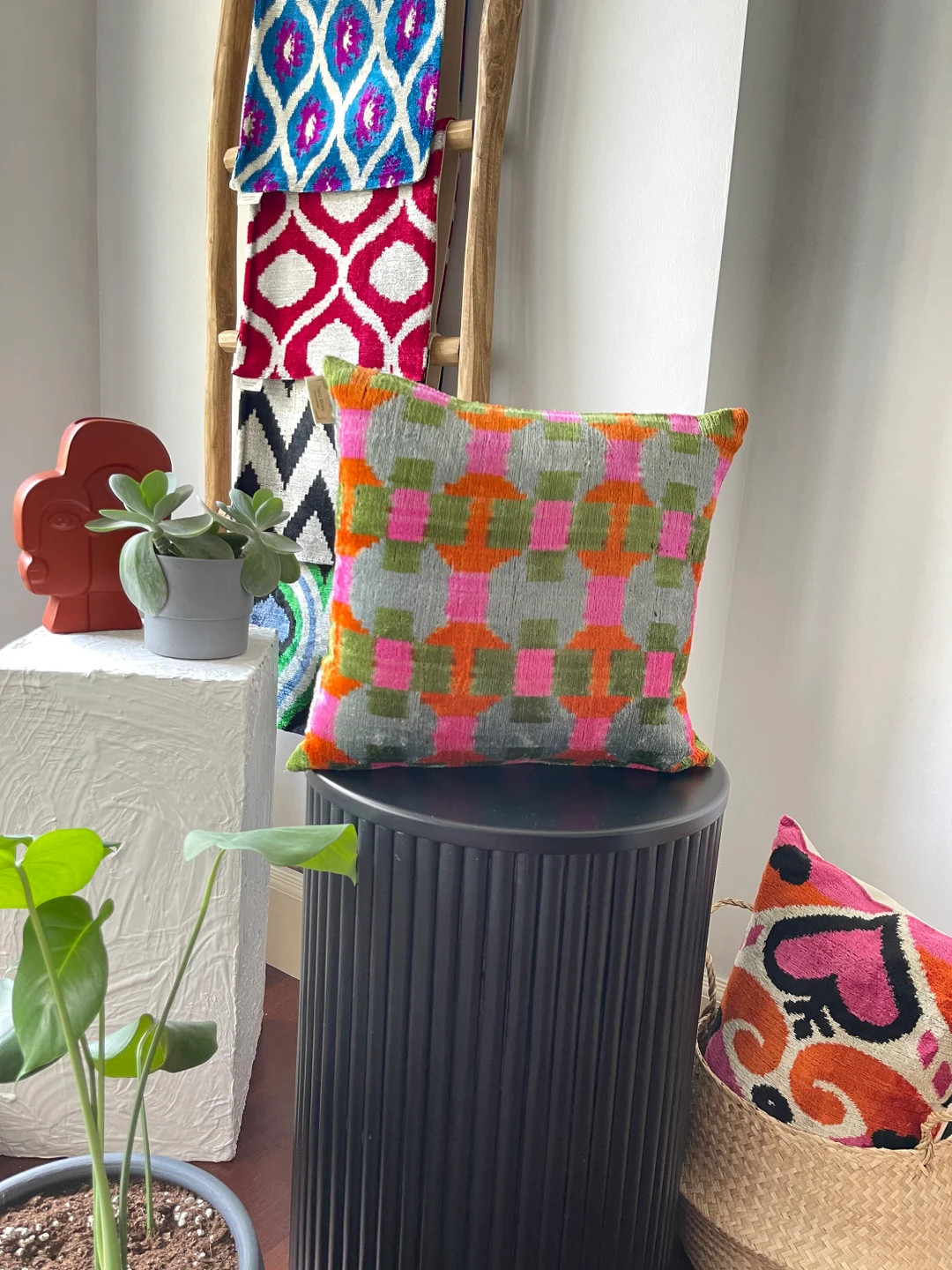 Colorful Ethnic Velvet Pillow, Modern ikat Cushion Cover, 16x16 ikat Pillow, ikat Throw Pillow, O... | Etsy (US)