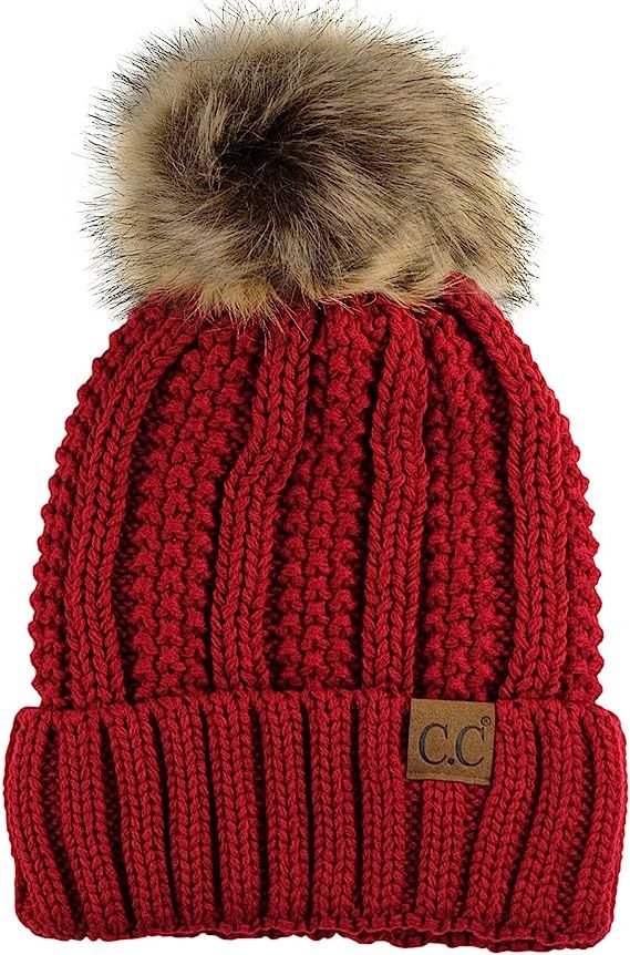 C.C Thick Cable Knit Faux Fuzzy Fur Pom Fleece Lined Skull Cap Cuff Beanie | Amazon (US)