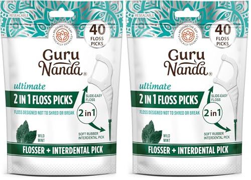 GuruNanda 2 in 1 Dental Floss Picks - Non-Slip Grip Handle, Slide Easy, No Break or Shred Flosser - Complete Oral Care with Interdental Pick for Healthy Teeth & Gums - Mint Flavor, 40 Count (2 Pack) | Amazon (US)