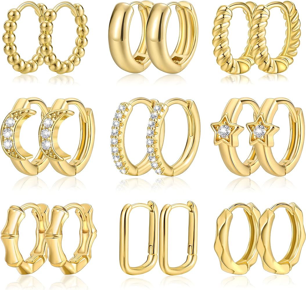 Small Gold Huggie Hoop Earrings Set for Women Girls, Hypoallergenic Twisted Cartilage Hoops, Tiny Si | Amazon (US)