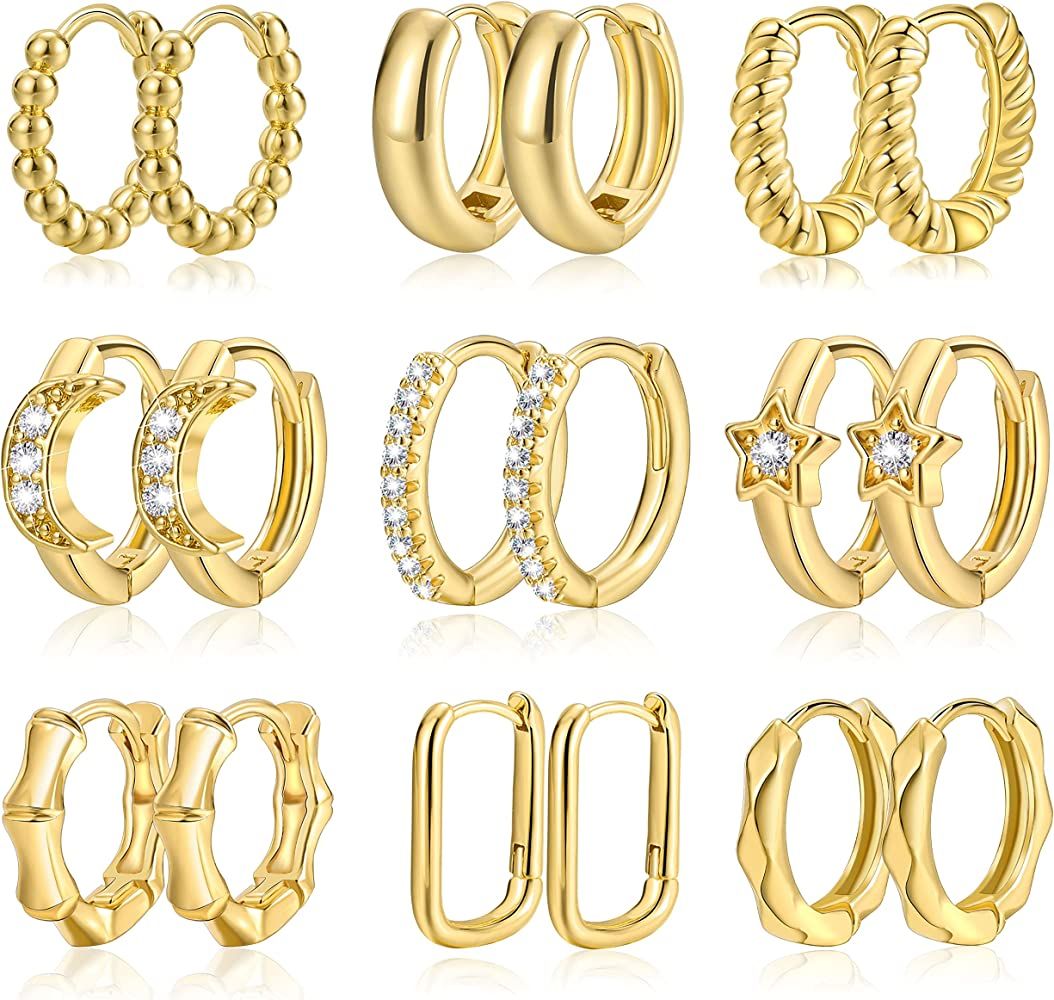 Small Gold Huggie Hoop Earrings Set for Women Girls, Hypoallergenic Twisted Cartilage Hoops, Tiny Si | Amazon (US)