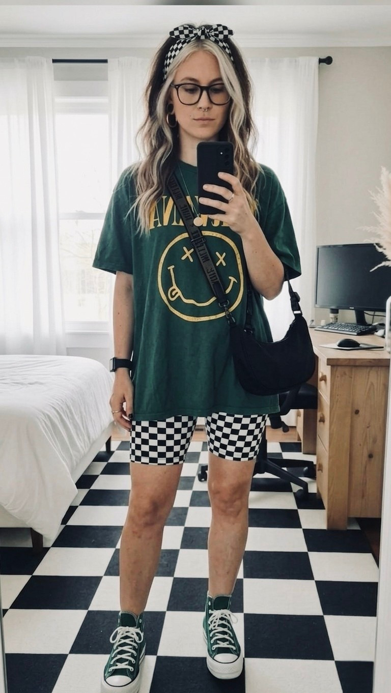 Sticking to the classics with a 2026 twist. I’m obsessed with the mix of this oversized Nirvana graphic tee and these checkered biker shorts—it’s the perfect balance of grunge and playfulness. To tie it all together, I added a checkered headband and my favorite dark green high-top sneakers for a monochromatic pop.

This look is my go-to for coffee runs or a casual weekend hang. It’s comfortable, edgy, and fits that soft grunge aesthetic perfectly. 

#LTKootd #LTKSaleAlert #LTKSeasonal