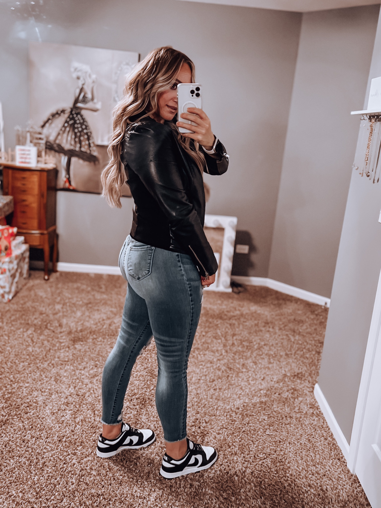 Date night outfit.  Casual outfit idea. Jeans. Distressed jeans. Skinny jeans. Panda dunks. Nike dunks. Jordan’s. Leather jacket. Black bodysuit. Girls night out outfit. Gold jewelry. Amazon fashion. Amazon outfits, sneakers, gym shoes

#LTKstyletip #LTKshoecrush #LTKfindsunder50