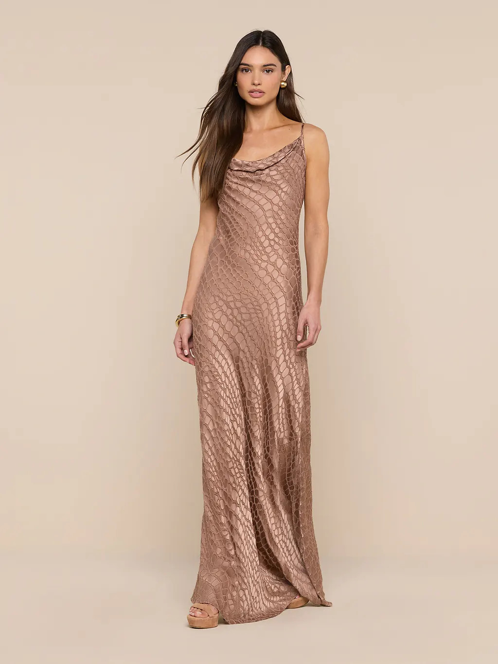 Christine Burnout Satin Dress in Hazelnut Cobra Geo Burnout | L'AGENCE | L'Agence