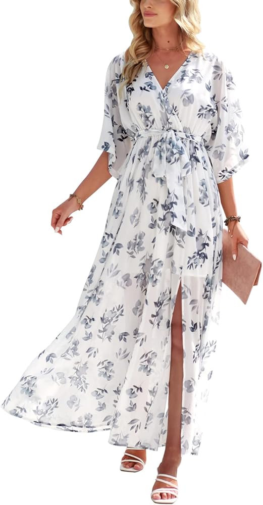 ANRABESS Women’s Summer Loose Boho Flowy Wrap V Neck 3/4 Sleeve Floral Print Slit Beach Wedding... | Amazon (US)