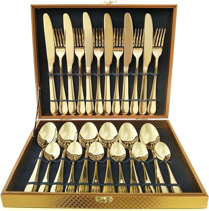 Flatware Set, Magicpro Modern Royal 24-Pieces gold Stainless Steel Flatware for Wedding Festival ... | Amazon (US)