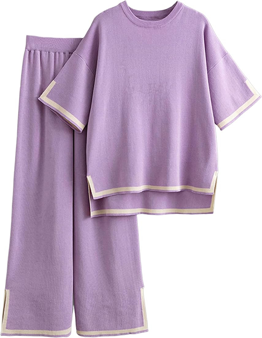 Tanming Sweater Sets Women 2 Piece Lounge Sets Short Sleeve Knit Pullover Tops Wide Leg Pants | Amazon (US)