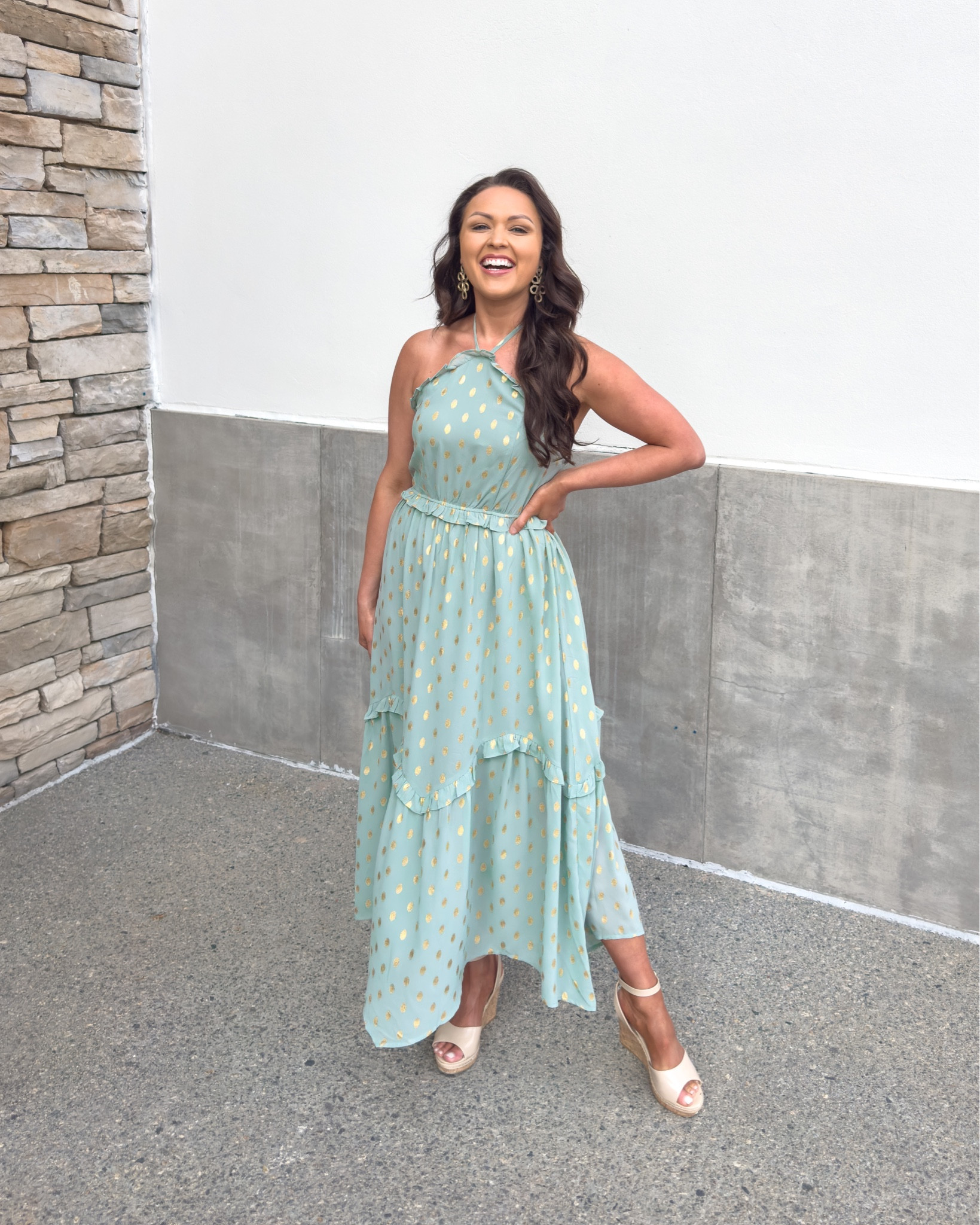 Dreamy for spring in this sea foam dress that’s perfect for Easter, a girl’s day, or date night with the husband! I love the gold detailing throughout and the pretty ruffles! Such a great price! Wearing a size small 

#LTKfit #LTKSeasonal #LTKFind