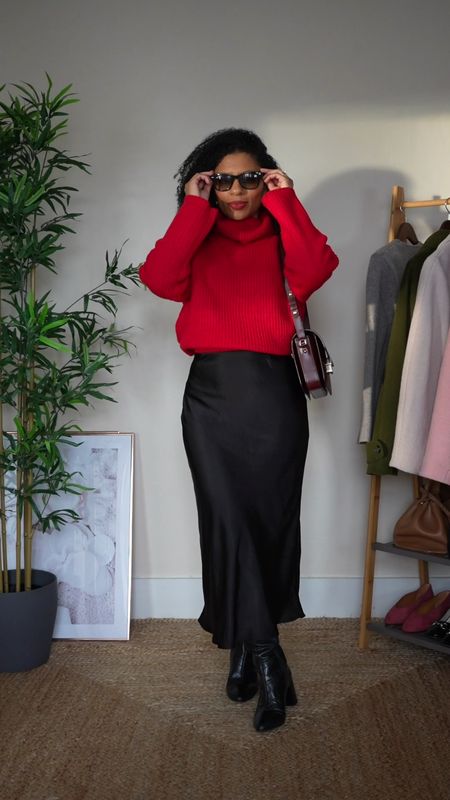 Red and black Winter outfit 

satin skirt, midi skirt, red chunky jumper, chinky sweater, knee-high boots. 
Petite style 

#LTKover40 #LTKstyletip #LTKSeasonal