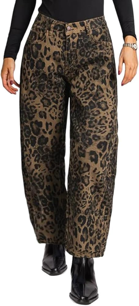 Mid Rise Leopard Print Barrel Jeans for Women Stylish Boyfriend Wide Leg Baggy Denim Pants Trendy... | Amazon (US)