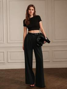LocalAnewsta Women's Solid Color Pleated Pocket Elegant Minimalist Dress Pants | SHEIN