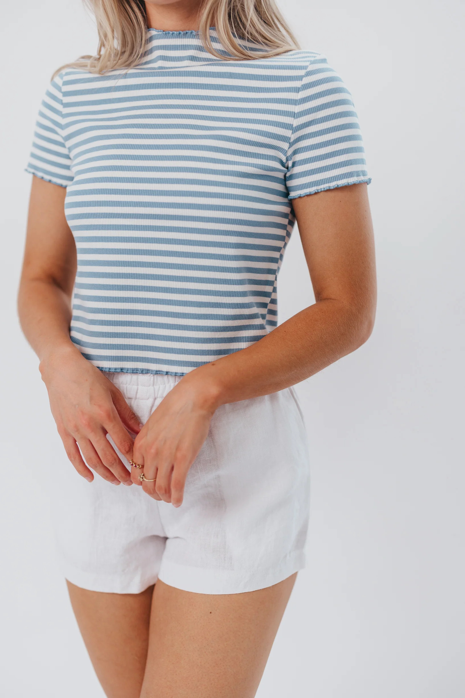 Ellery Striped Crop Top with Ruffle Hem in Blue | Worth Collective