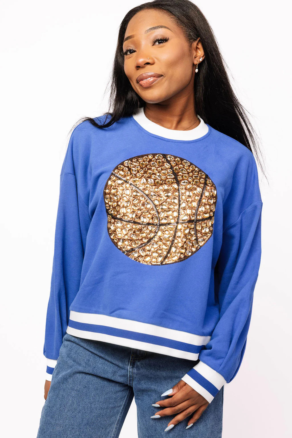 Royal Blue Jeweled Basketball Sweatshirt | Queen of Sparkles