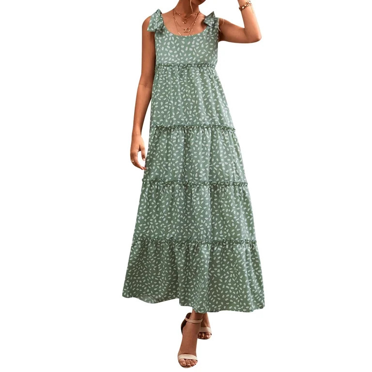 HUBERY Women Petal Print Ruffled Spliced Tiered Lace Up Sleeveless Maxi Dress | Walmart (US)